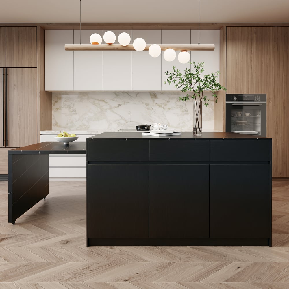 Îlot de cuisine en bois extensible de 81 à 112 pouces avec rangement, noir image de fenêtre