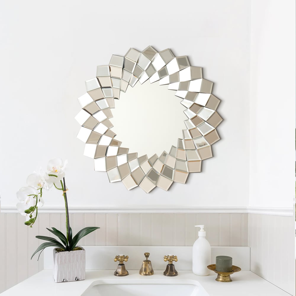 24" Diamond-Shaped Wall Mirror, Silver Round Decorative Mirror window image