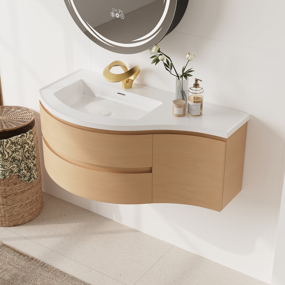 Floating Curved Bathroom Vanity & Round LED Medicine Cabinet Set Left Offset window image
