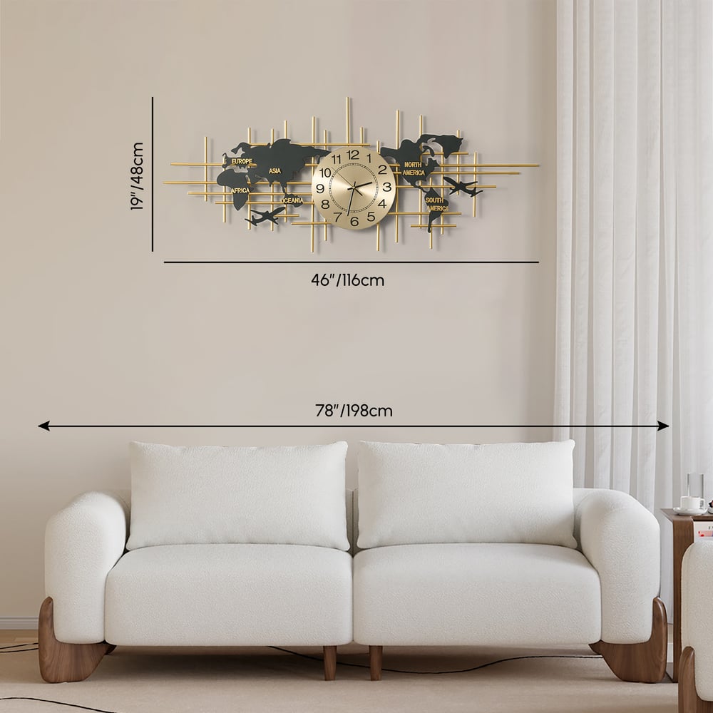 Reloj de Pared de Metal Grande de 116cm con Diseño de Mapa Decorativo Silencioso y Creativo para Sala de Estar pesos dimensiones imagen