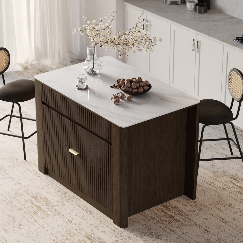 Mid-Century 51" Glossy Sintered Stone Top Kitchen Island with Storage, Smoked Brown window image