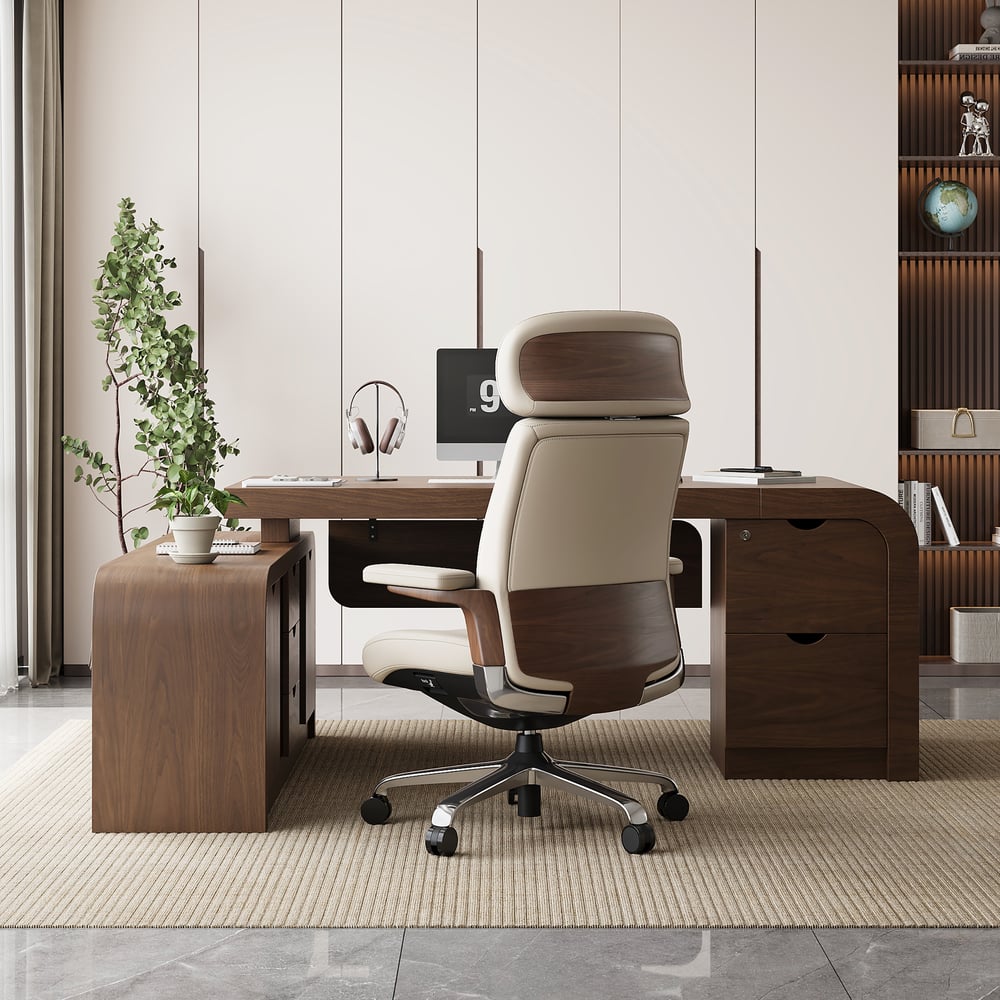 Ivory Genuine Leather Swivel Office Chair with Ergonomic Synchro-Tilt Recline System window image