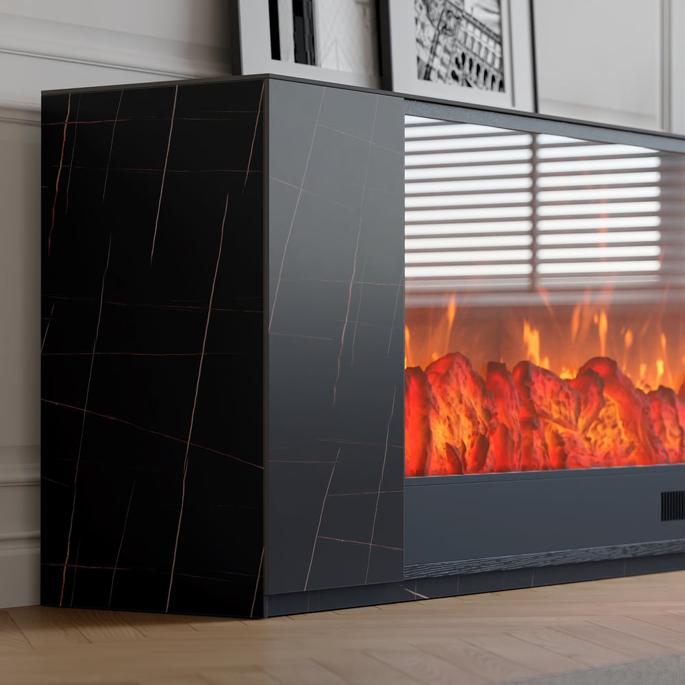 Ensemble meuble TV avec foyer électrique et table basse en pierre frittée de 71" image de fenêtre