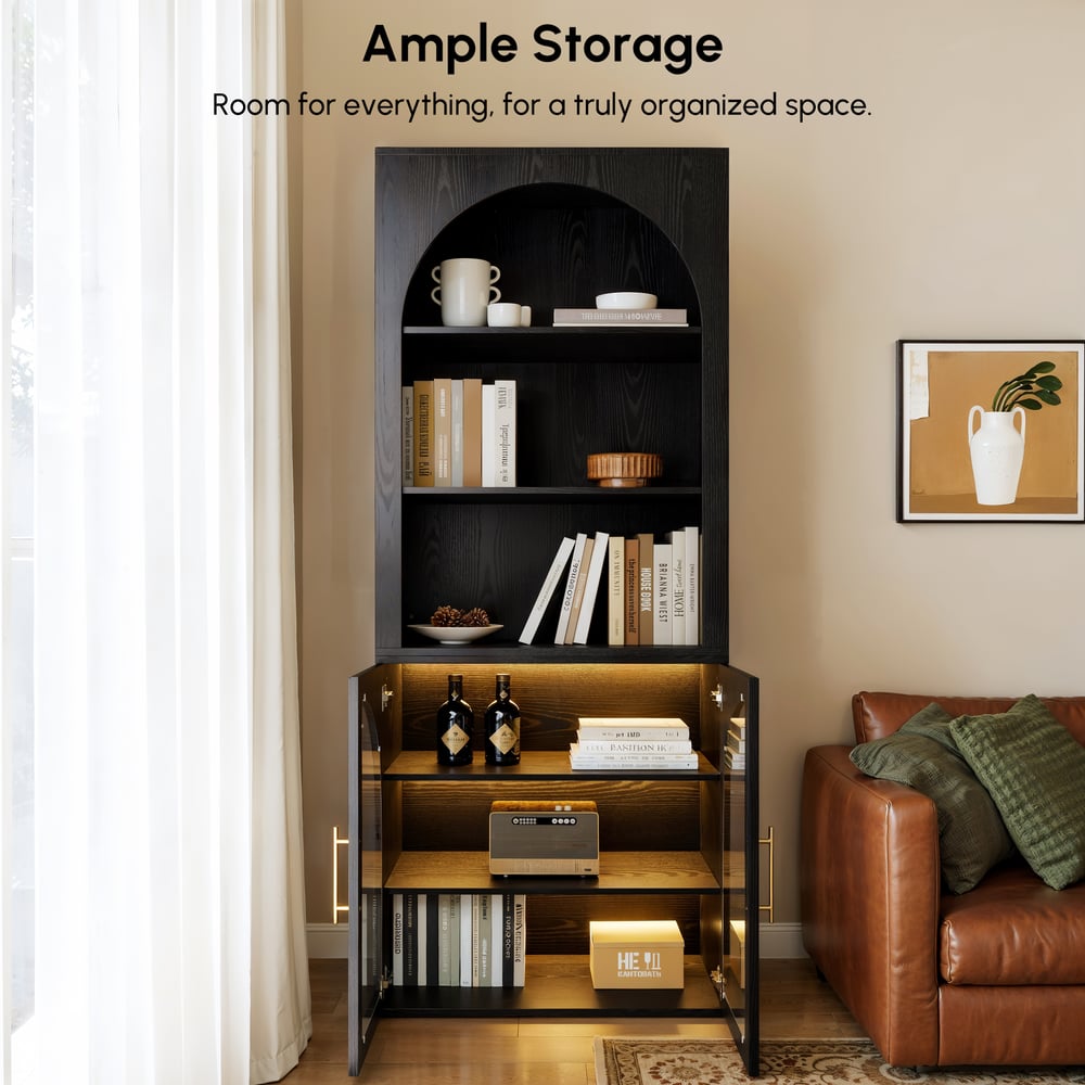 Arune Black Chest Bookcase with Storage Cabinet & LED Light window image