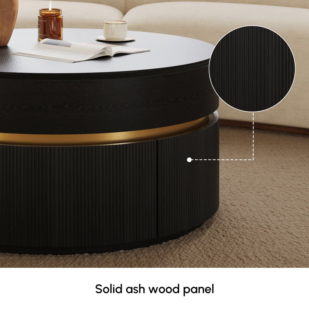 Table basse ronde à plateau relevable cannelé de 32 pouces avec 2 tiroirs image de fenêtre