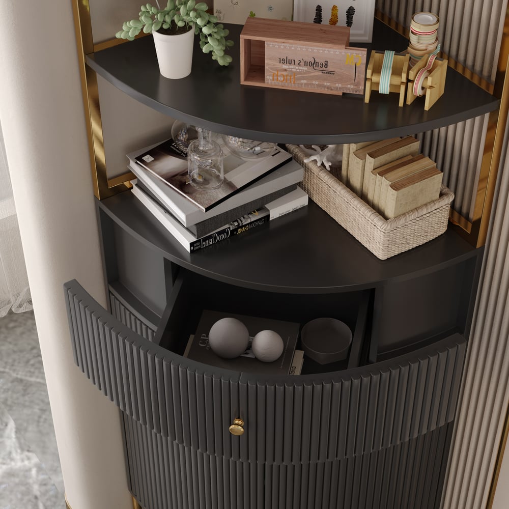 Modern 75" Black Corner Etagere Bookshelf with Drawer and 2-Door Cabinet window image