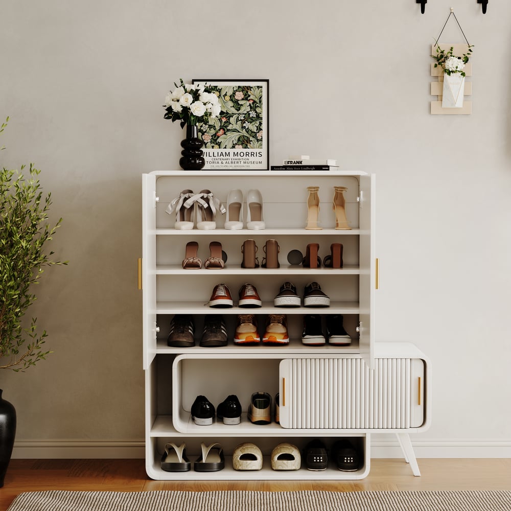 37" Warm White Shoe Storage Fluted Entryway Cabinet, Right Hand window image