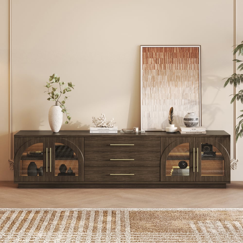 Arune 80" Arched Glass Doors Smoked Brown TV Stand with Storage and LED window image