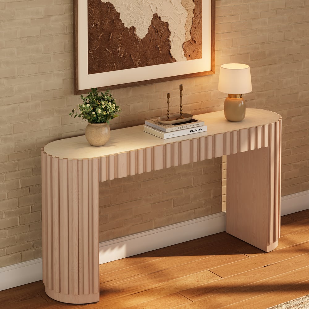 Aura 60" Ash Wood Fluted Whitewash Console Table With Sintered Stone Top window image