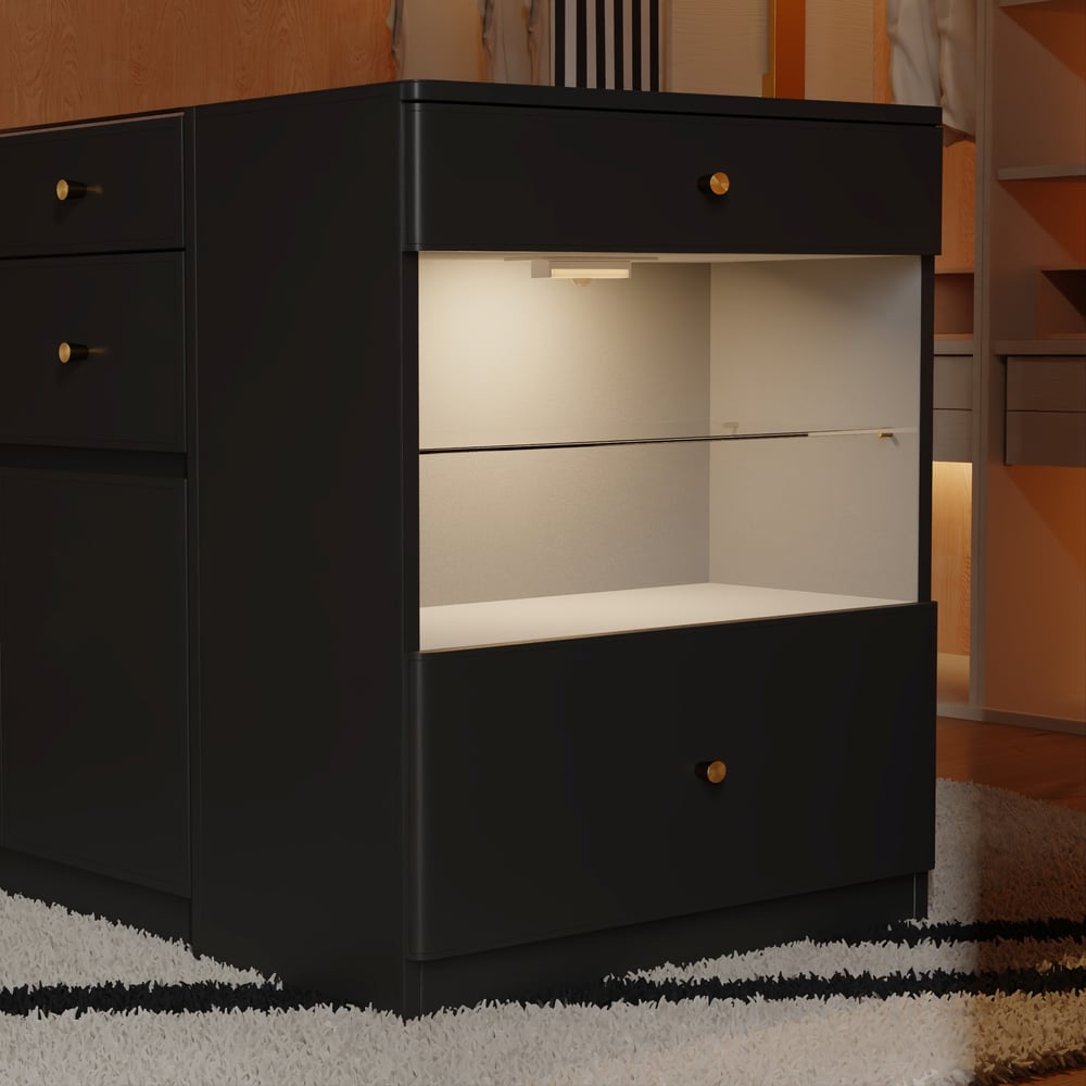 Selvo Saddle Leather Black Closet Island with Storage, Light and Jewelry Display window image