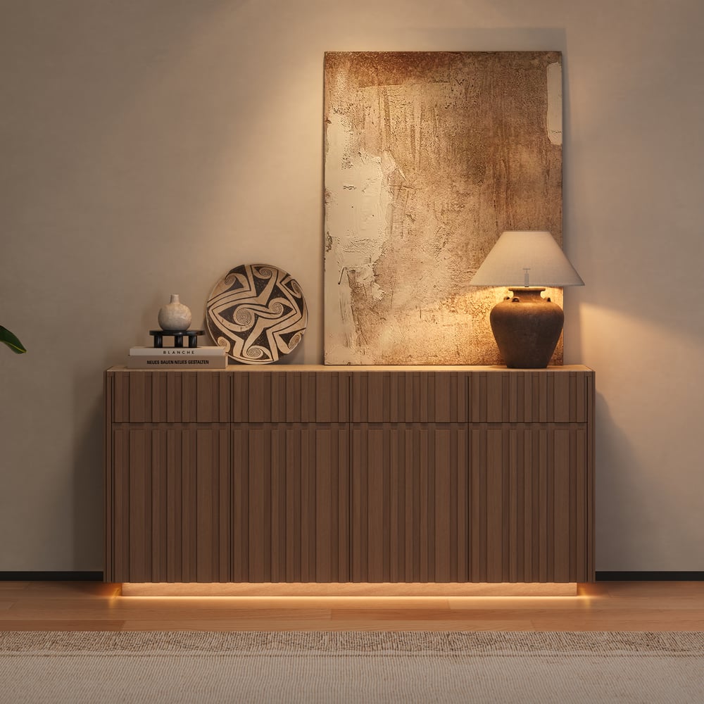 Aura 65" Ash Wood Slatted Natural TV Stand with Sintered Stone Top window image