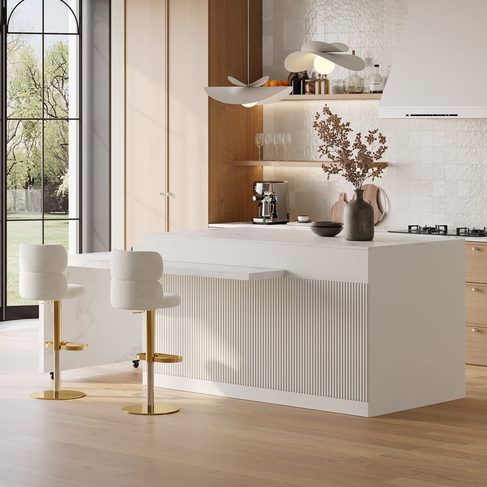 Modern 81"-112" Marble Pattern Kitchen Island with Doors & Drawers, White window image