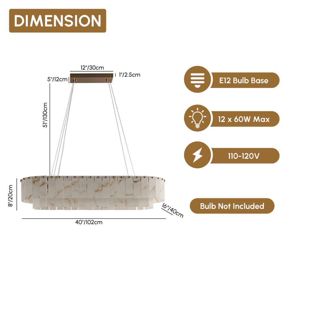 12-Light Linear Chandelier Alabaster-Look 2-Tier Dining Chandelier 40" weights dimensions image
