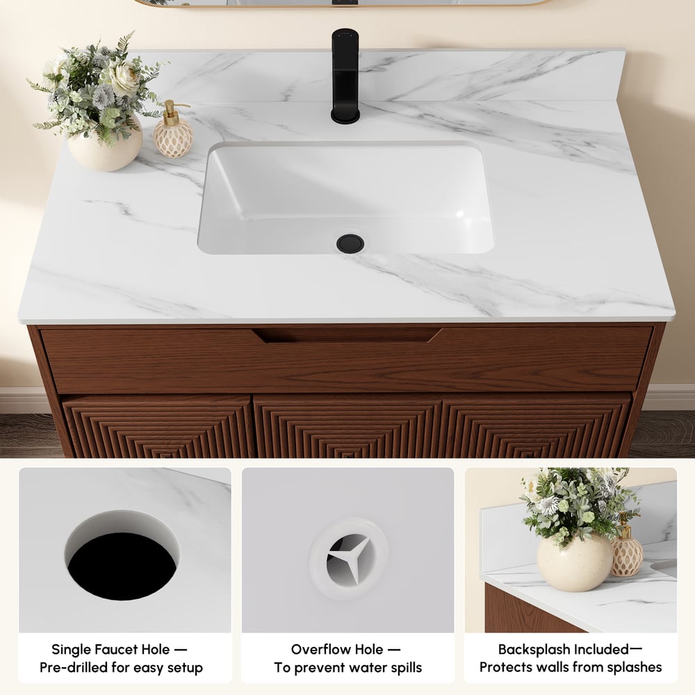 92cm Walnut Single Bathroom Vanity with Sink and Sintered Stone Top window image