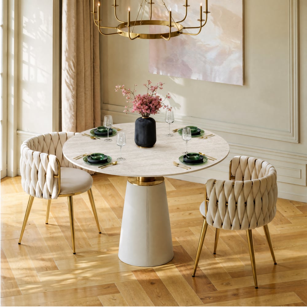 Modern 39" Round Faux Travertine Dining Table with Leather-Wrapped Base, Seats 2 window image