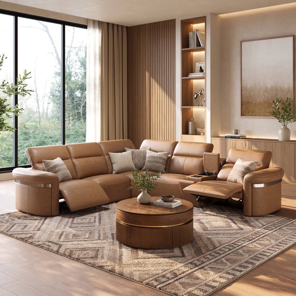 Genuine Leather Multifunction Media Console Power Reclining Sofa window image