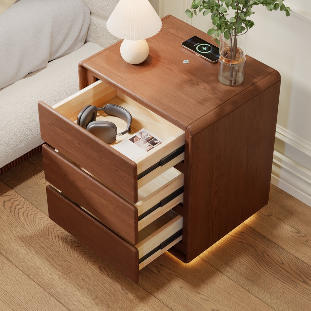 Haloa Walnut 3-Drawer LED Nightstand with Charging Station window image
