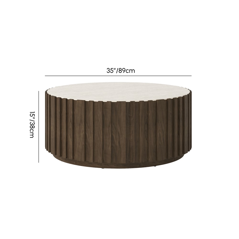 Mesa de centro redonda Aura 35" de madeira de freixo com ripas e tampo de pedra sinterizada Imagem com pesos e dimensões