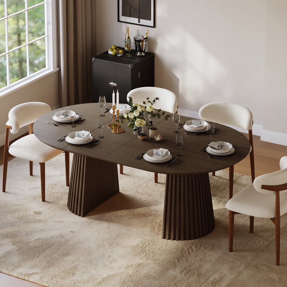 Modern 47"-79" Extendable Smoky Brown Wood Dining Table with Fluted Base, Seats 4-6 window image
