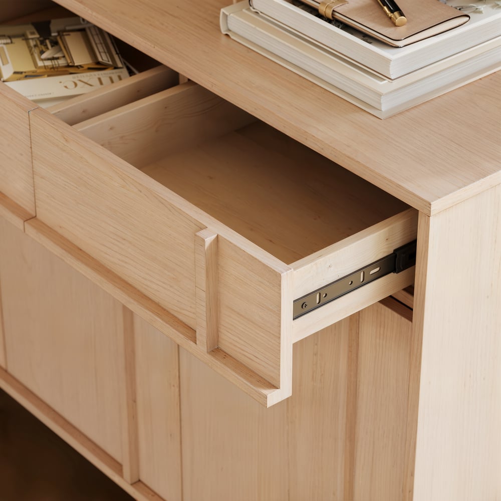 Mid Century Modern 60" Natural Wood Sideboard with Storage & Adjustable Shelves window image