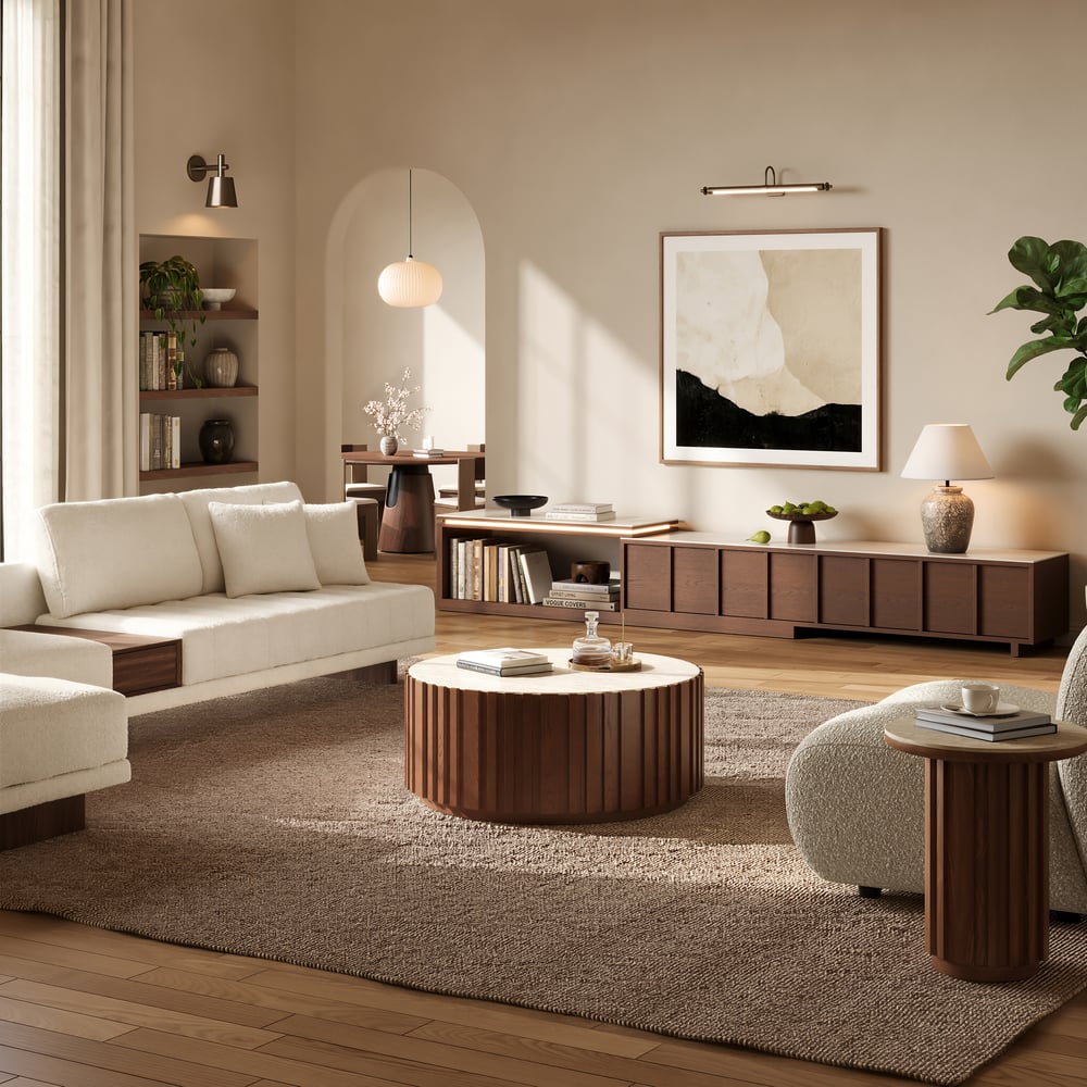 71"-108" Extendable Walnut TV Stand with Sintered Stone Top & Cabinets window image