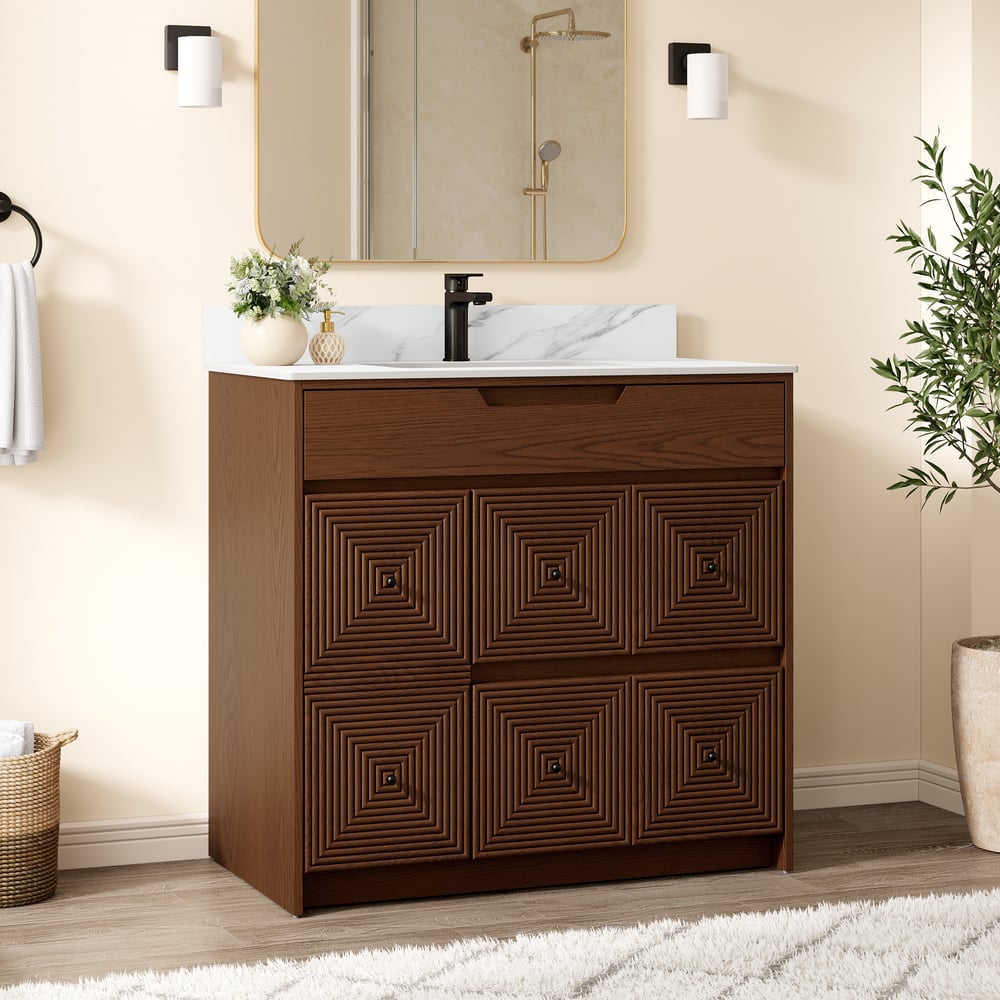 92cm Walnut Single Bathroom Vanity with Sink and Sintered Stone Top window image