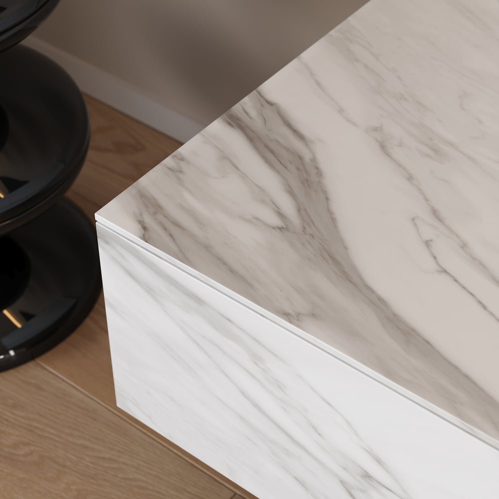 Meuble TV extensible de 87"-106" avec plateau en pierre frittée et 5 tiroirs image de fenêtre