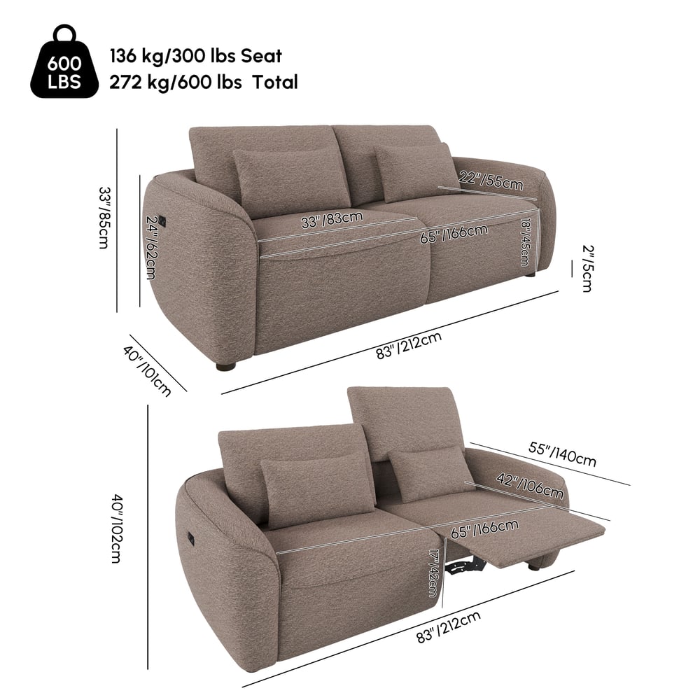 212cm 2-Seater Pet-Friendly Chenille Power Reclining Sofa with Adjustable Backrest weights dimensions image