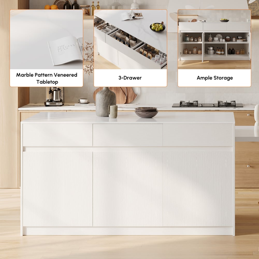 Modern 81"-112" Sintered Stone Kitchen Island with Drawers & Doors, White window image