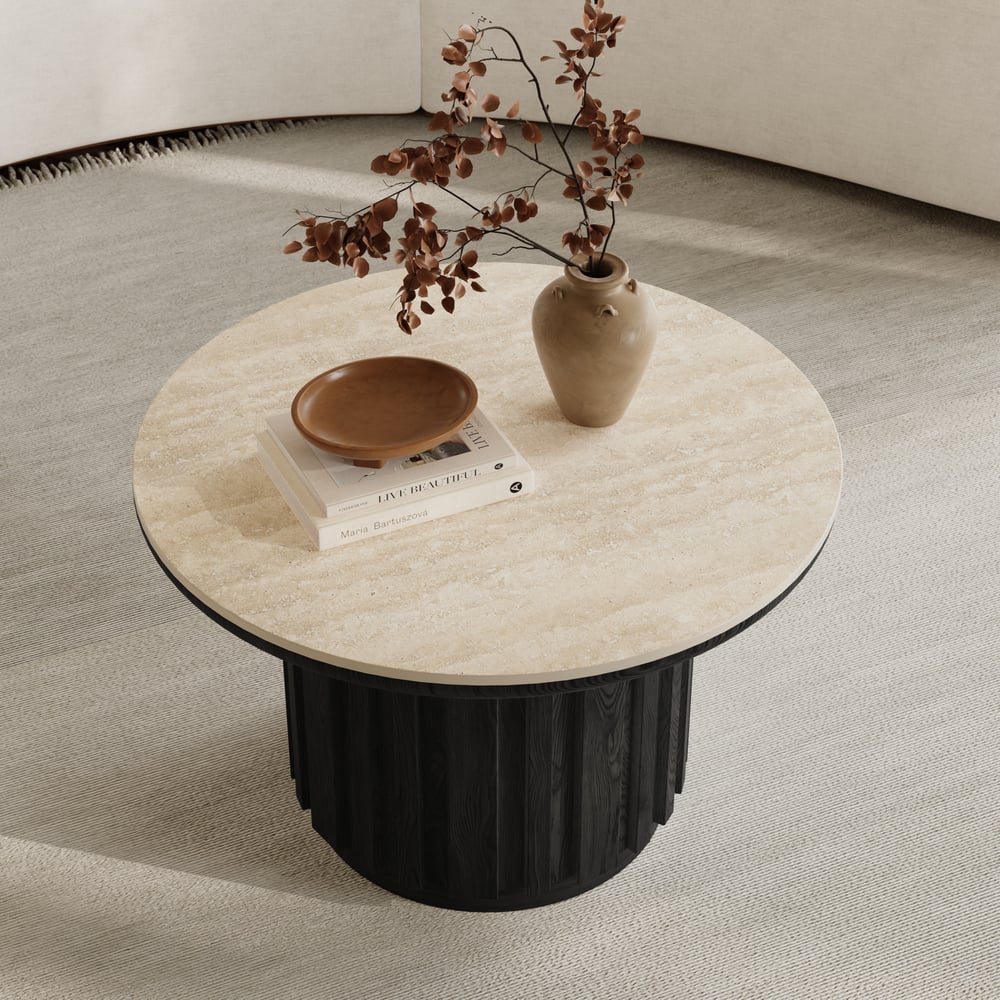 Table basse ronde à lattes en bois de frêne Aura avec plateau en pierre frittée image de fenêtre