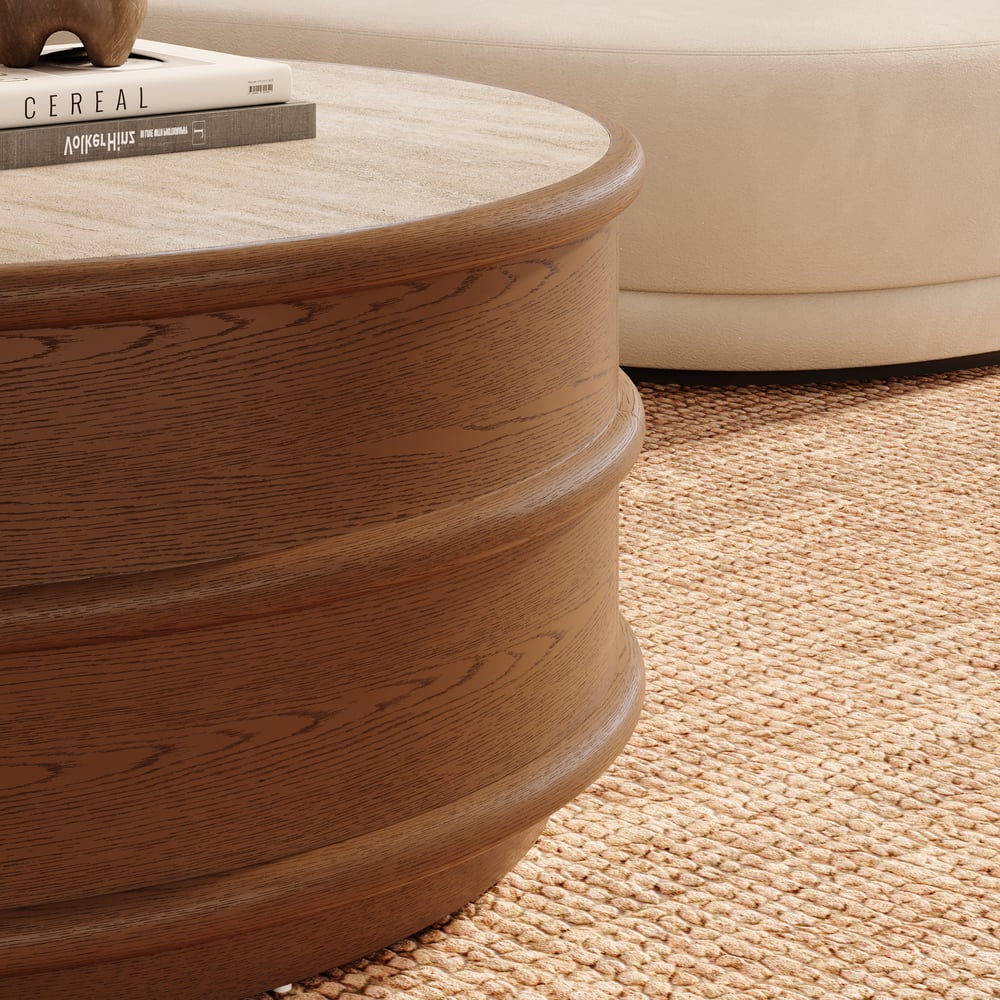 36" Ash Wood Round Coffee Table with Sintered Stone Top window image