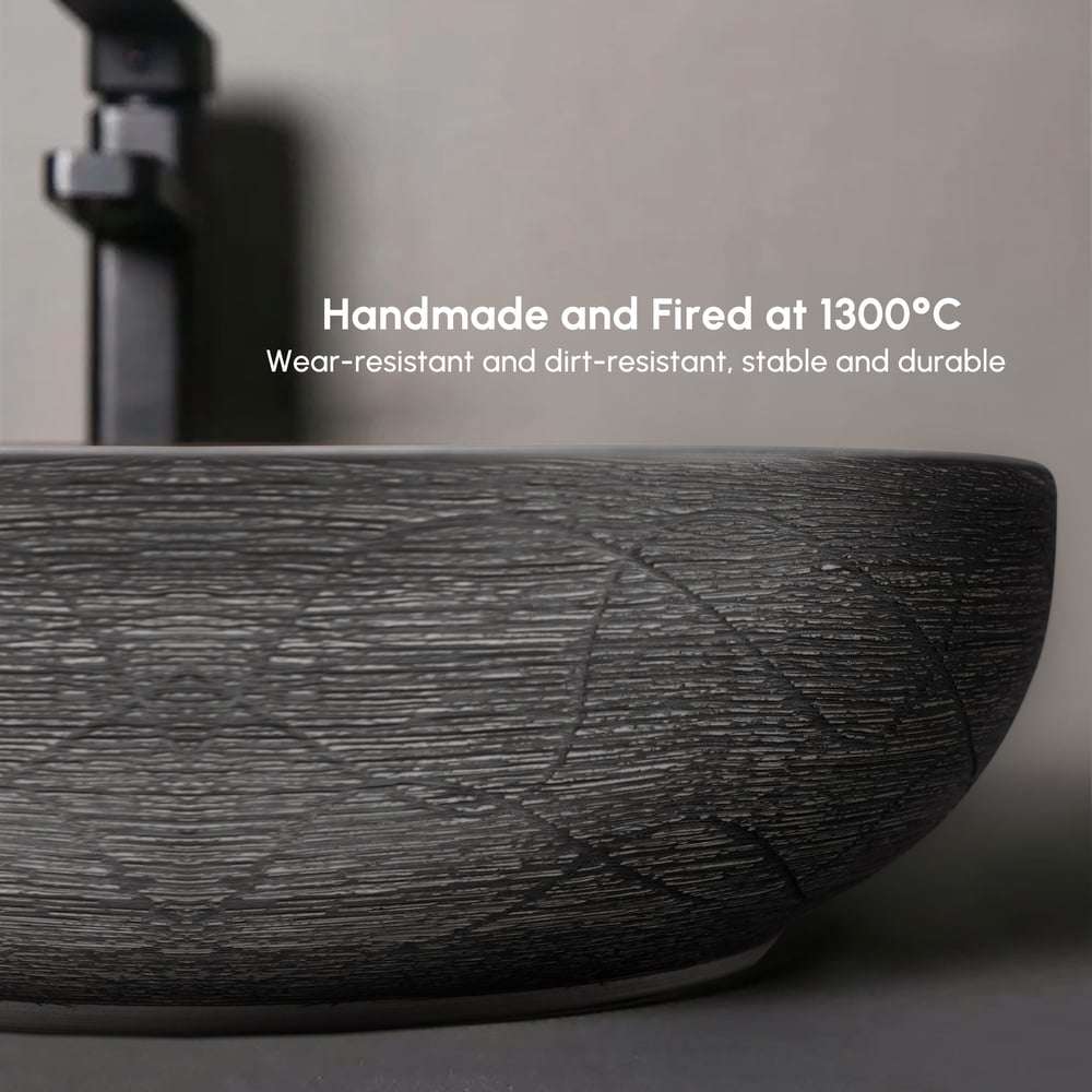 Vasque de salle de bain ronde en céramique grise de 40cm – évier à poser avec glaçure mate image de fenêtre