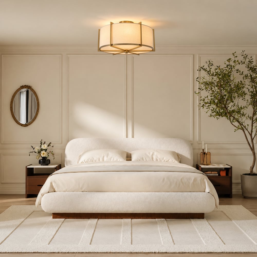 18" Fabric Flush Mount Light in Gold Finish, 3-Light window image