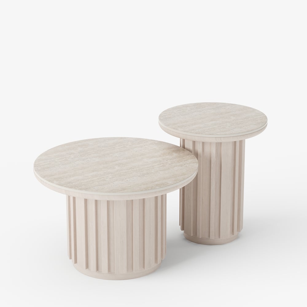 Aura 2 Piece Set Ash Wood Slatted  Round Coffee Table with Sintered Stone Top(20" - 28") window image