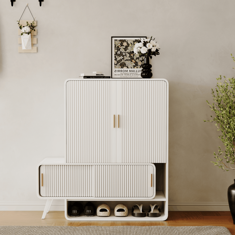 37" Warm White Shoe Storage Fluted Entryway Cabinet,Left Hand window image