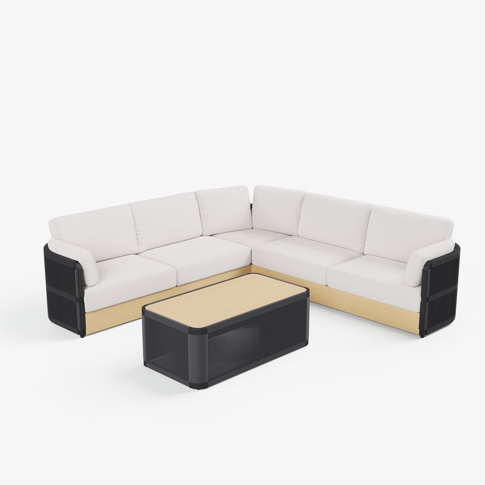 Costra Handwoven Rope L-Shaped Outdoor Sofa with Coffee Table in Black window image