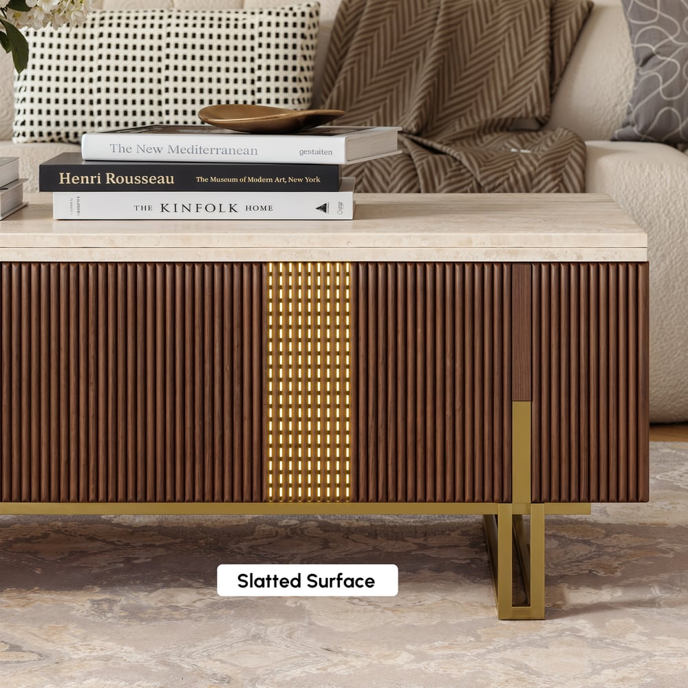 Table basse relevable Grovyn de 47,2" avec finition cannelée et 2 tiroirs image de fenêtre