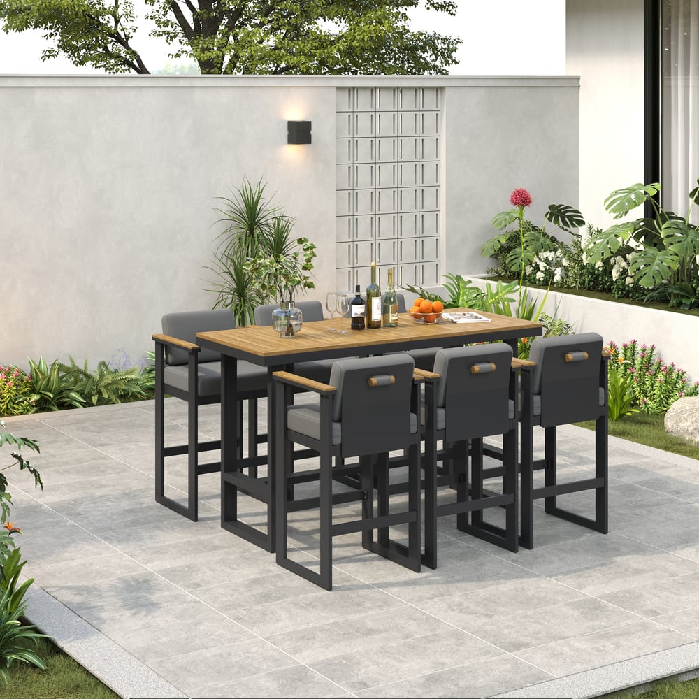 Axis 7-Piece Outdoor Teak Wood Modern Bar Dining Table Set with 6 Chairs window image