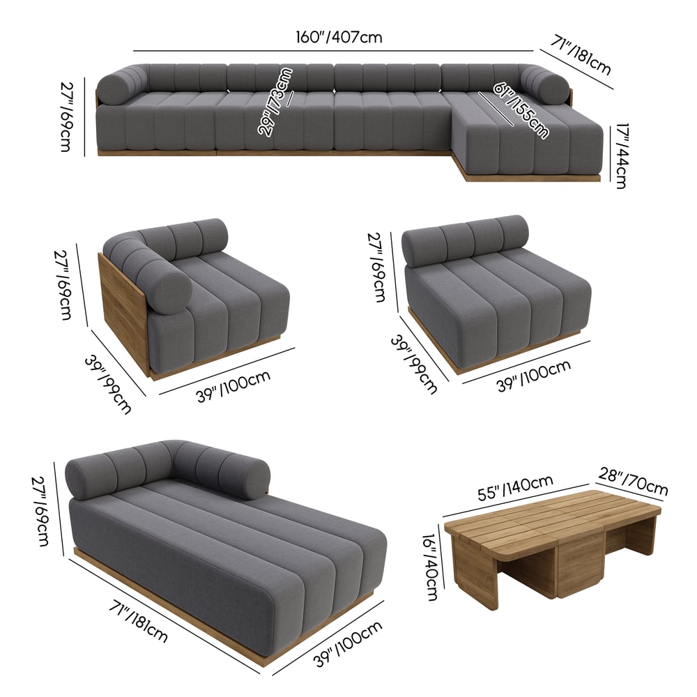 Ensemble de canapé modulaire d'extérieur 7 pièces Resaro en teck naturel avec dossier cannelé gris foncé Poids, dimensions, image