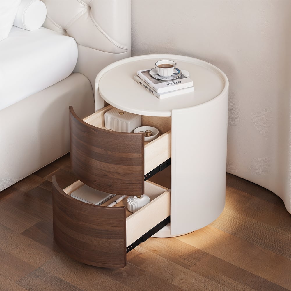 Modern Saddle Leather 2-Drawer Nightstand with Charging Station & Light window image