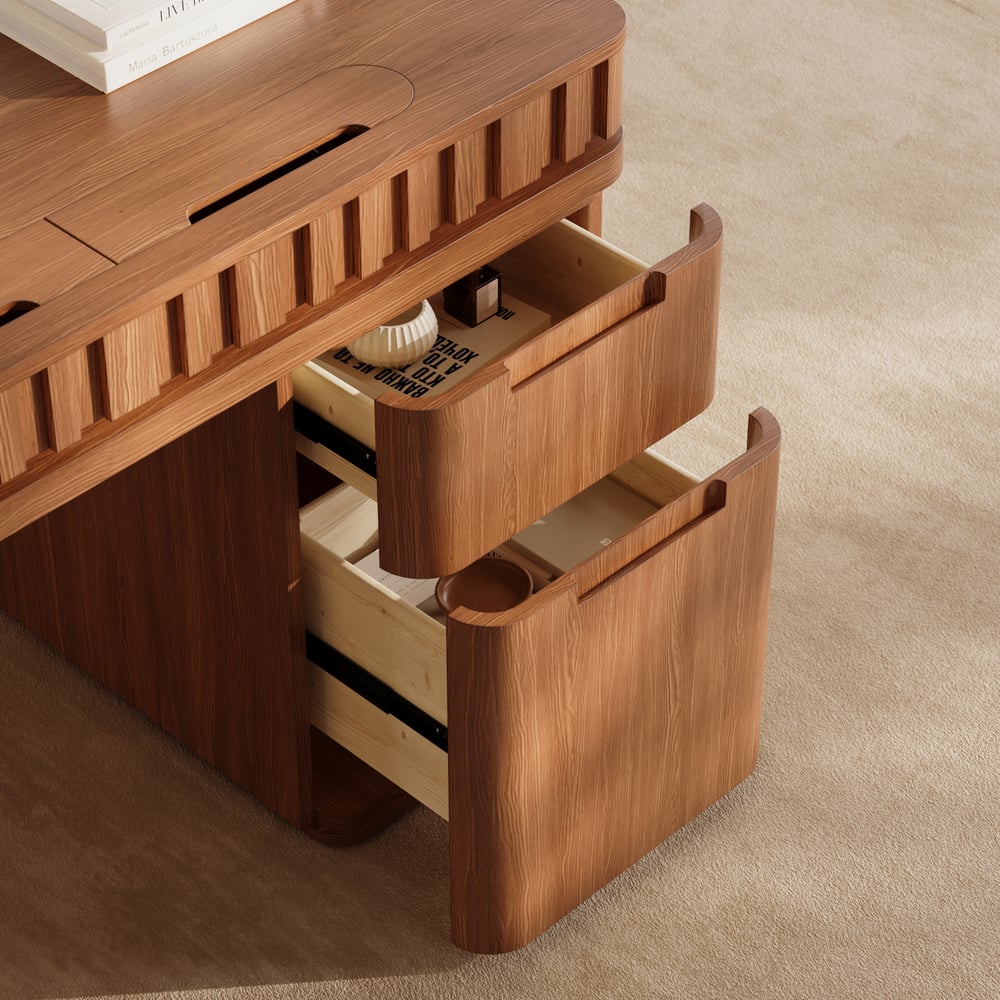 Aura 63" Walnut Flutted 360-Degree Rotating Desk Electric Adjustable Standing Desk window image