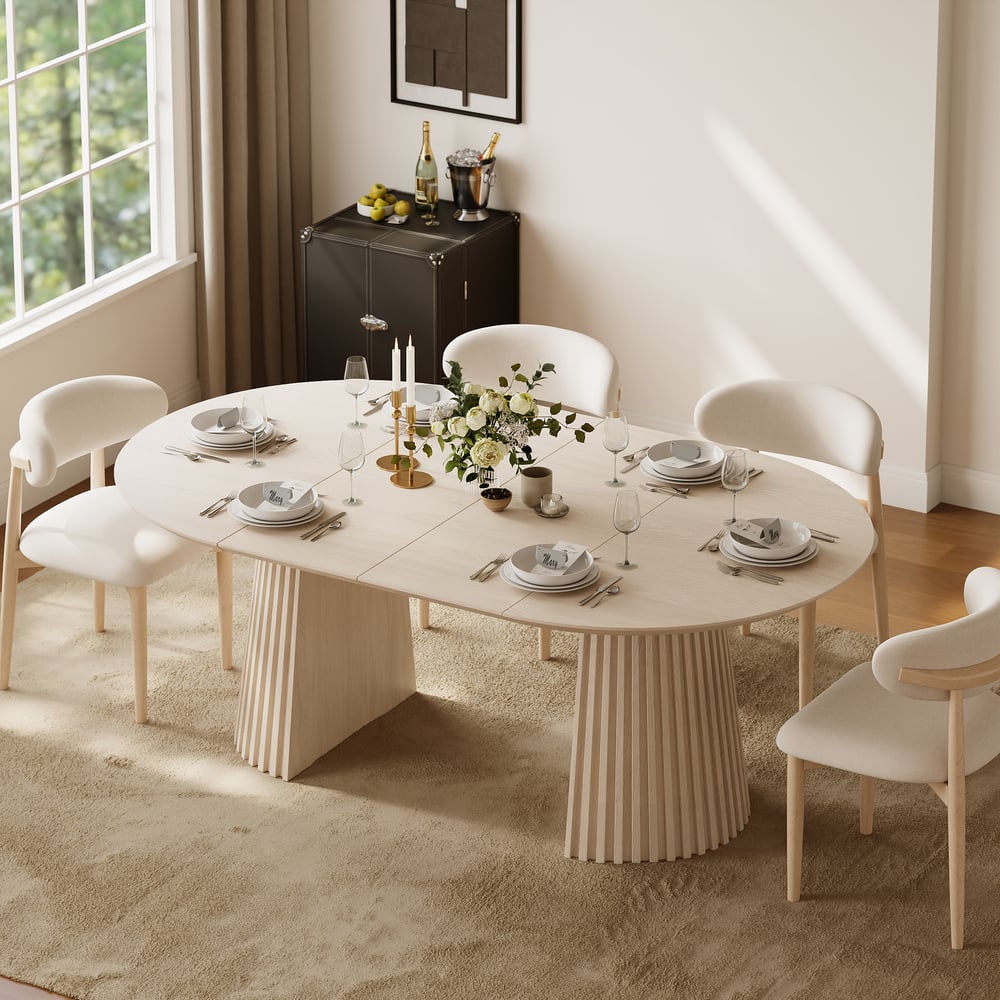 Modern 47"-79" Extendable Whitewash Wood Dining Table with Fluted Base, Seats 4-6 window image