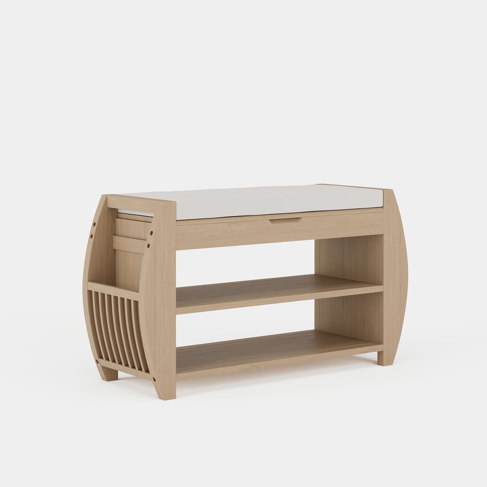 Banc d'entrée de rangement pour chaussures en placage de bois blanchi de 32 pouces avec porte-chaussures image de fenêtre