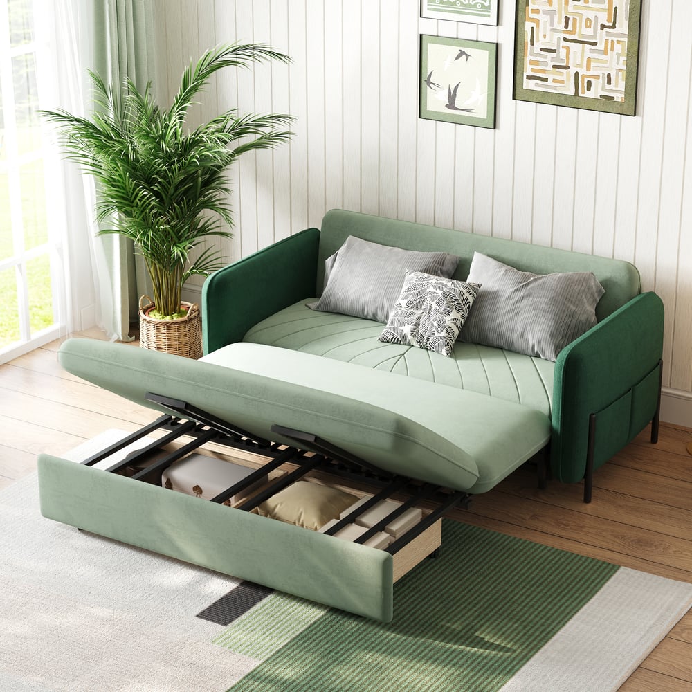 170 cm 2-Seater Green Velvet Convertible Sleeper Sofa with Storage & Pillows window image