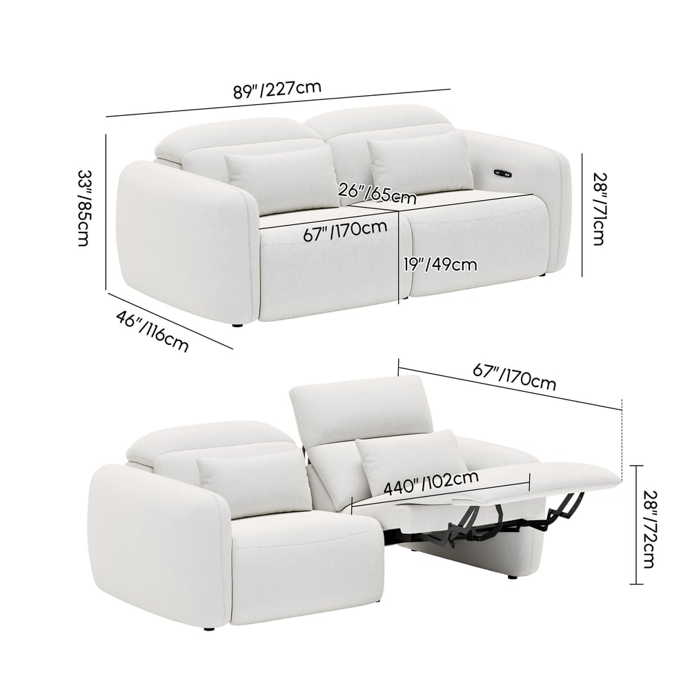Canapé inclinable électrique zéro gravité en chenille de 227 cm avec oreillers Poids, dimensions, image