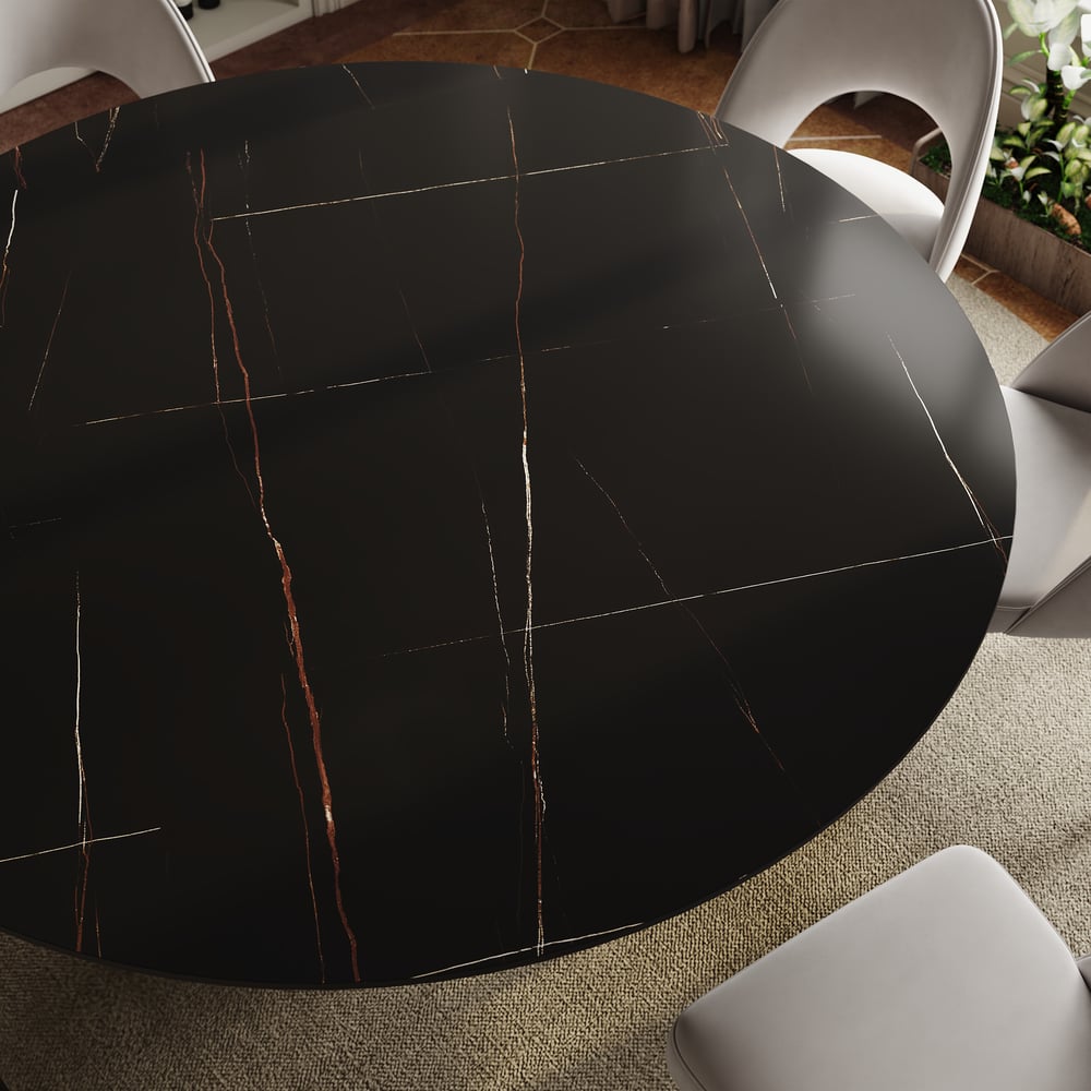 Modern 60" Round Matte Sintered Stone Dining Table with Black Pedestal Base, Seats 6 window image