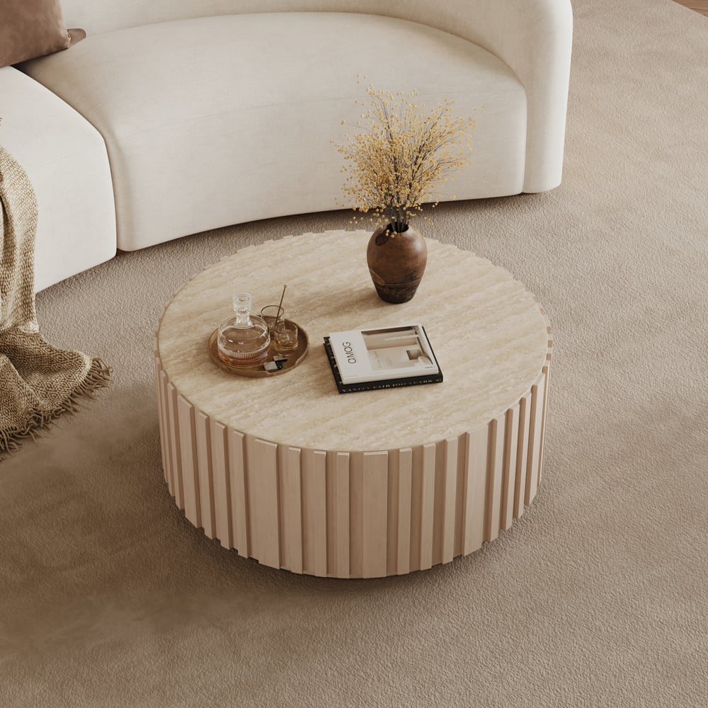 Aura 35" Round Washed White Slatted Sintered Stone Coffee Table with 2 Drawers window image