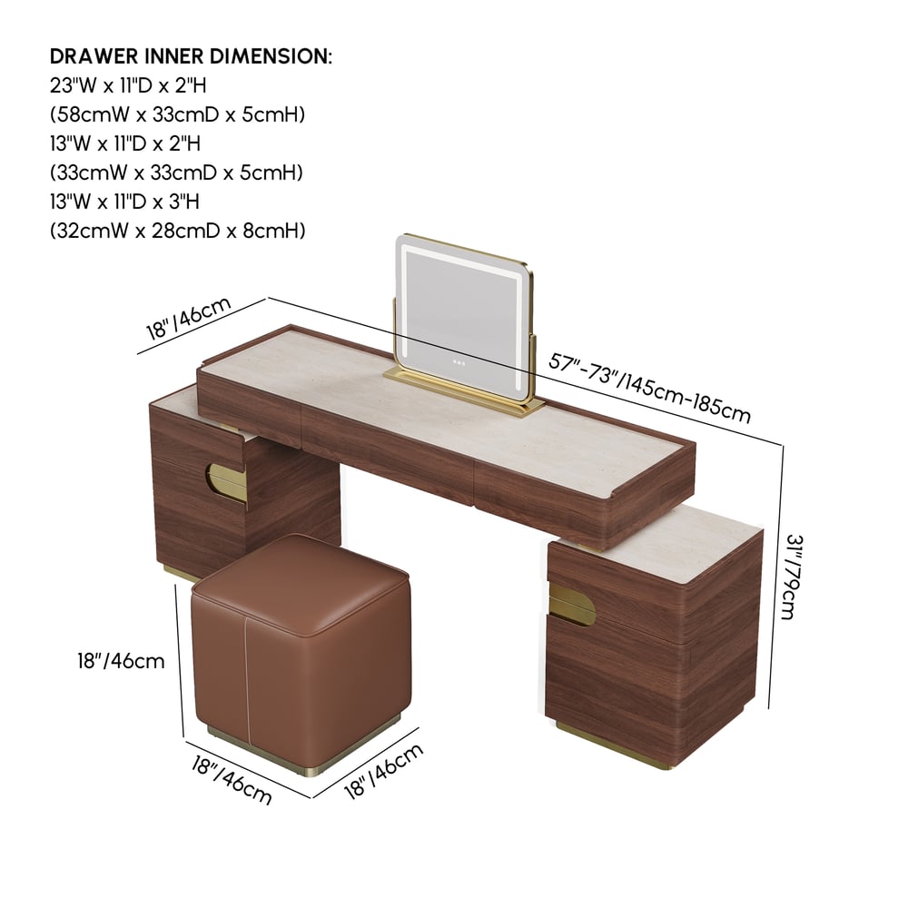 Horva Extendable Walnut Makeup Vanity Set (57"–73") weights dimensions image