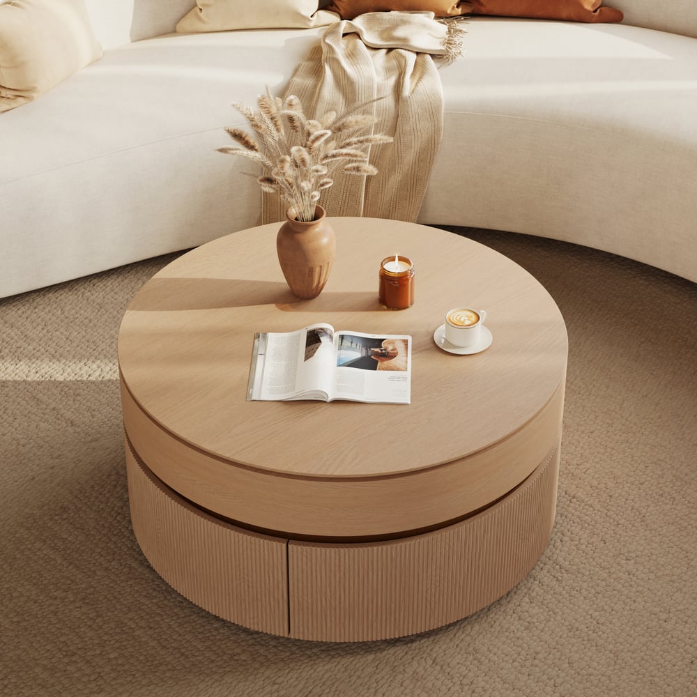 32" Fluted Lift-Top Round Coffee Table with 2 Drawers window image