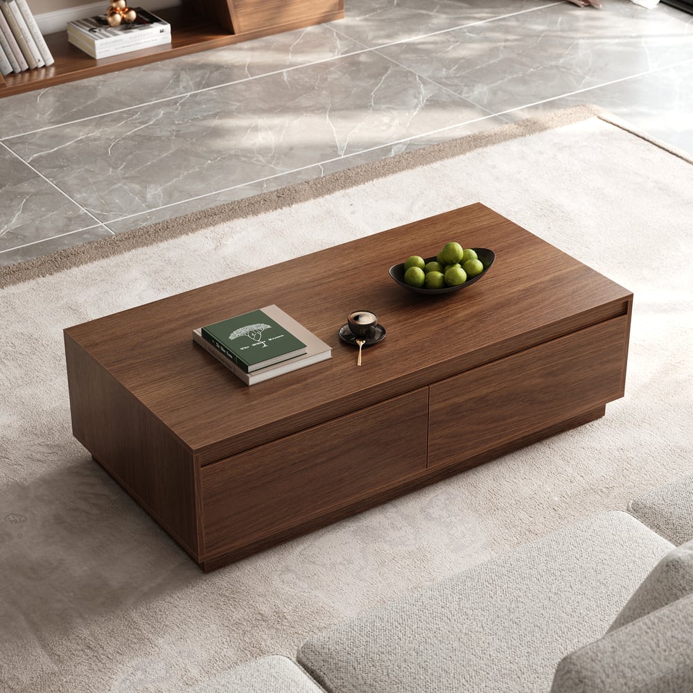 Ensemble meuble TV Fero en bois blanc et noyer, meuble TV extensible et table basse rectangulaire image de fenêtre